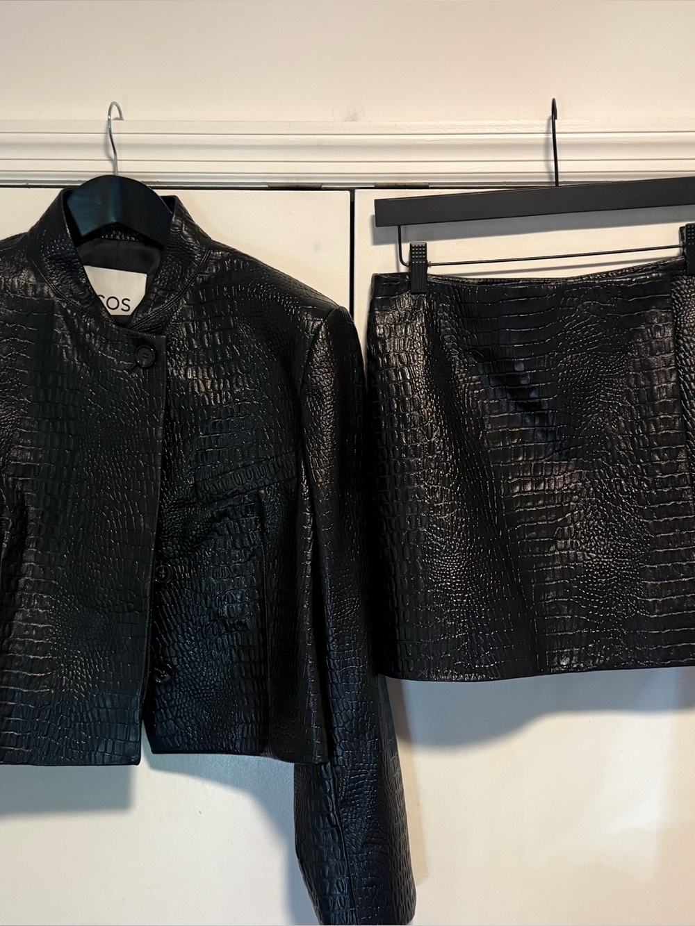 COS Black Croc-Embossed Mini Skirt and Jacket